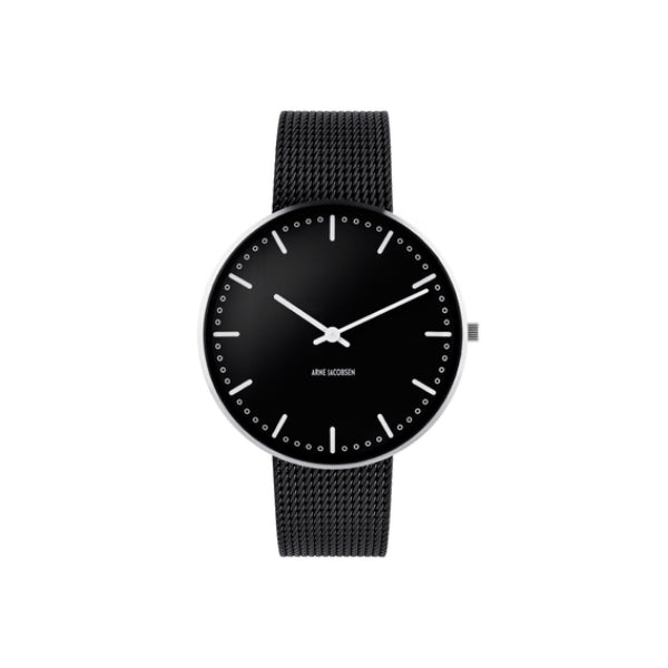 Arne Jacobsen City Hall ur med sort skive, sort meshlænke og hvide visere – klassisk dansk design i rustfrit stål, Ø40 mm