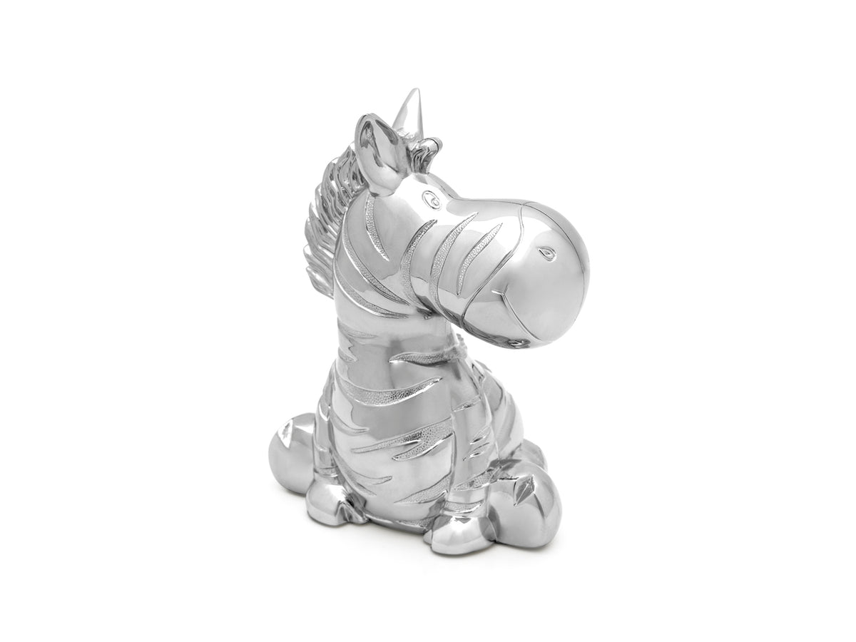 Zilverstad Zebra sparebøsse i sølvfarvet metal med graverede stripedetaljer.