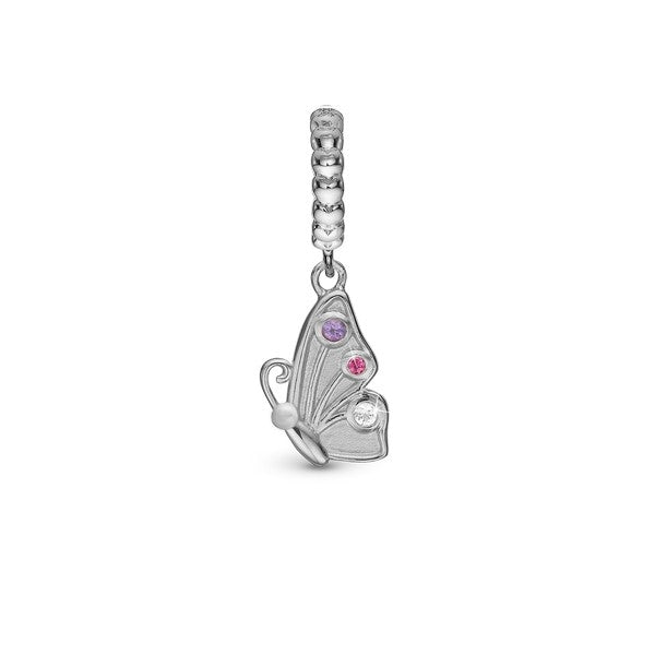 Christina Butterfly Friend charm i sølv med zirkonia til sølvarmbånd set fra en anden vinkel