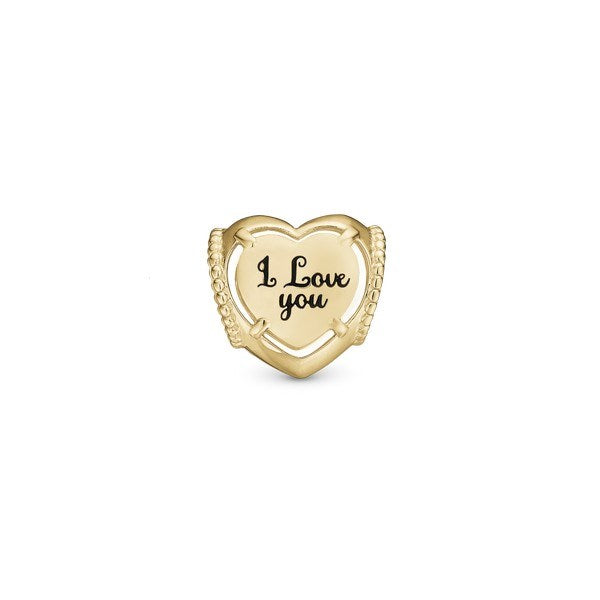 Bagsiden af Christina MUM I Love You charm i forgyldt sølv til læderarmbånd