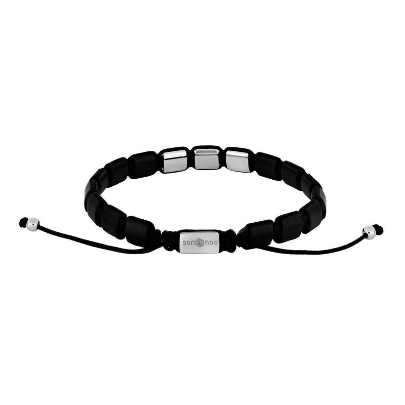 Nordahl Andersen Son of Noa herrearmbånd i blank stål med sorte onyxsten i kvadratisk design