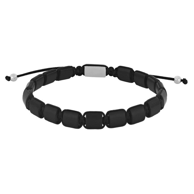 Nordahl Andersen Son of Noa herrearmbånd med sorte onyxsten og stålperler på sort snor, set fra siden