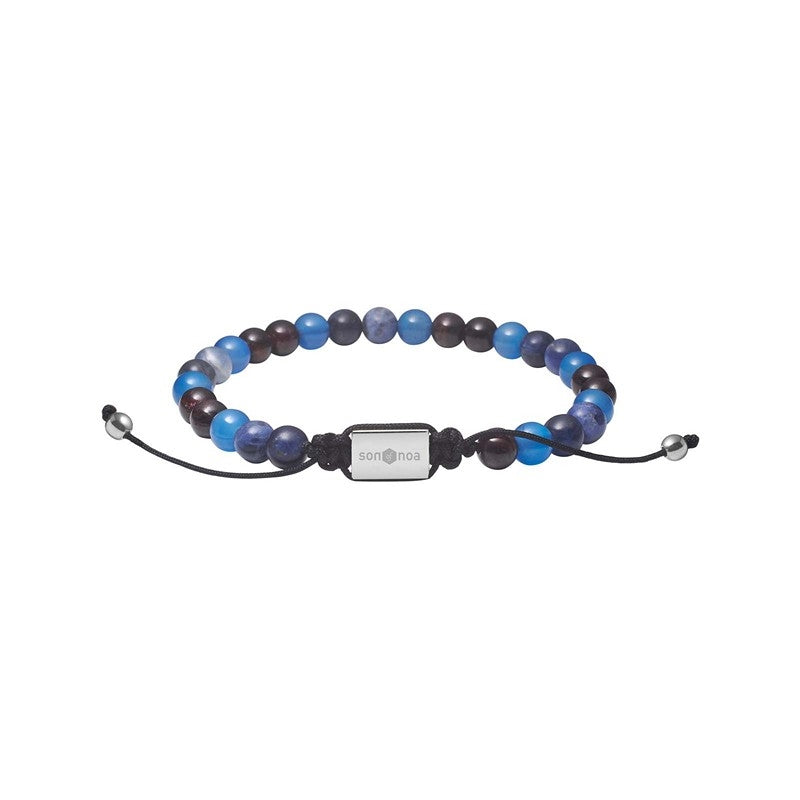 Son of Noa armbånd med blå agat og sodalit perler – matte natursten på rustfrit stål snøre, 19-25 cm