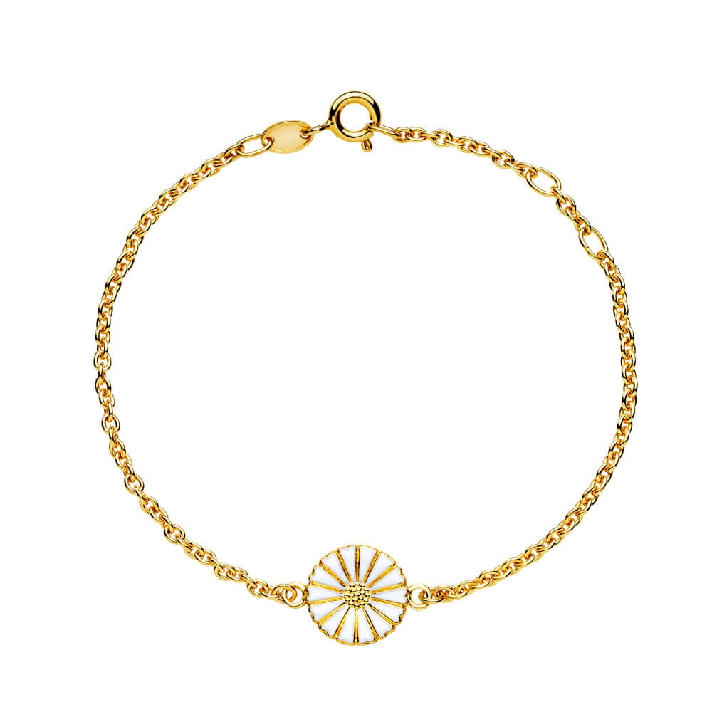 Lund Copenhagen Marguerit armbånd i forgyldt sølv med hvid emalje blomst, 11 mm