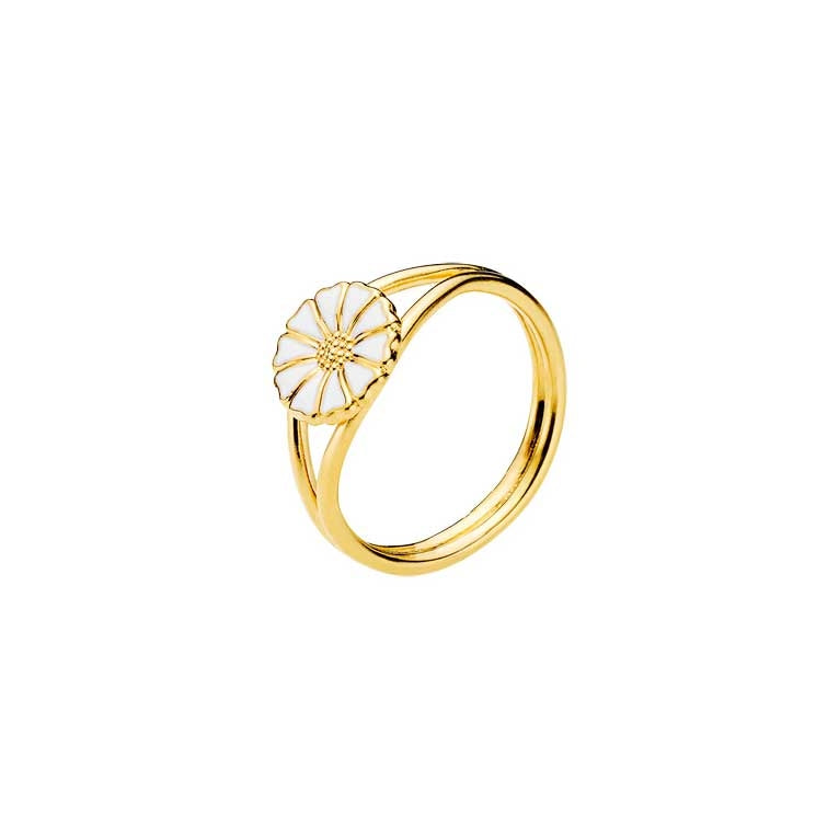 Lund Copenhagen marguerit ring i forgyldt sølv med hvid emalje blomst på 9 mm