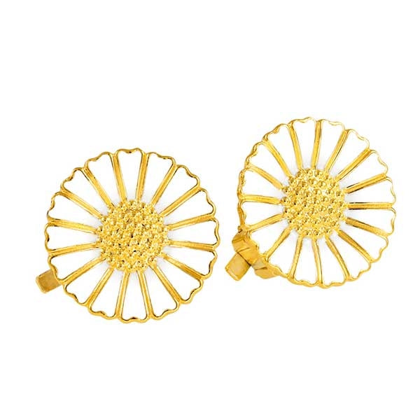 Lund Copenhagen marguerit øreclips i forgyldt sølv med hvid emalje, 18 mm