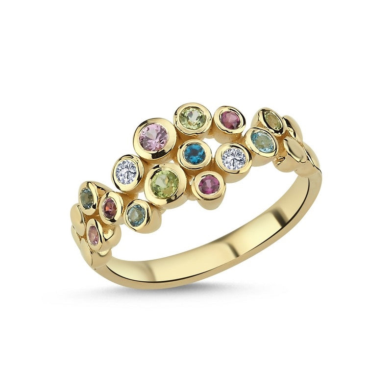 Nuran Bubbles ring i 14 kt guld med diamanter, lyseblå topas, London Blue topas og grøn safir