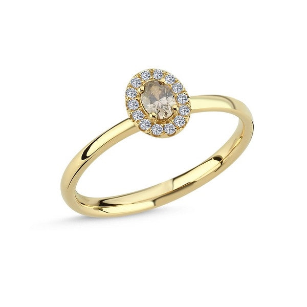 Nuran champagne diamantring i 14 karat guld med rosetdesign, mod hvid baggrund