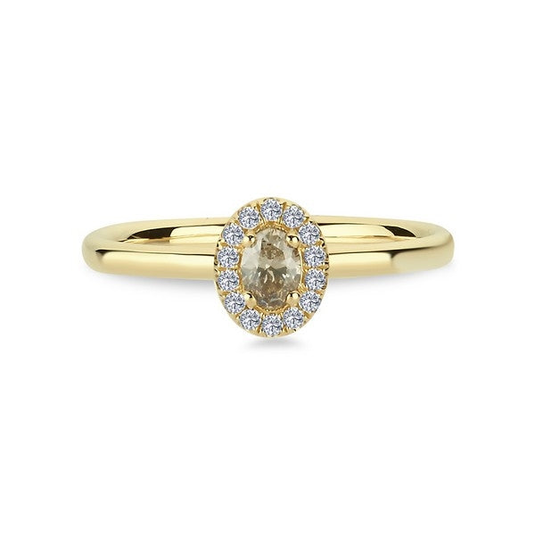 Nuran champagnediamantring i 14 kt guld med rosetdesign, liggende på flade
