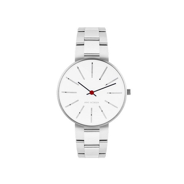Arne Jacobsen Bankers ur med hvid skive og poleret stållænke, Ø34 mm