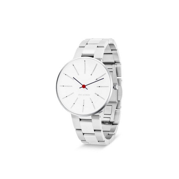 Arne Jacobsen Bankers ur i stål med hvid skive, Ø34 mm – set fra siden