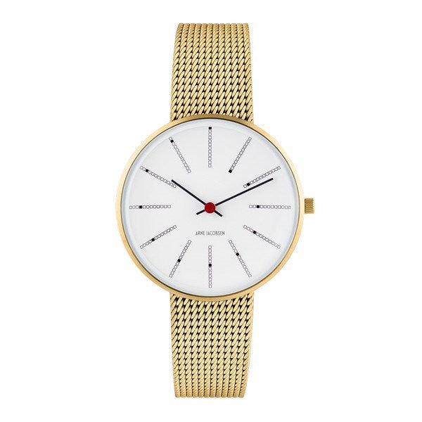 Arne Jacobsen Bankers ur med hvid skive og guld meshlænke, Ø34 mm