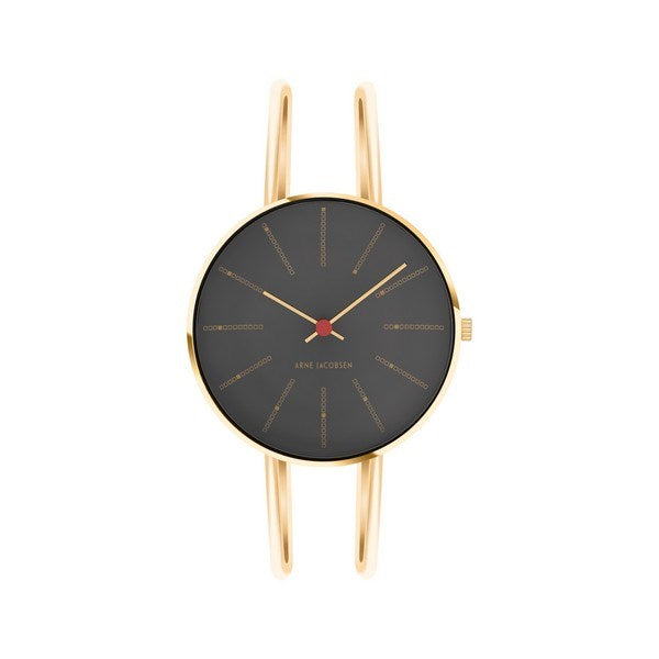 Arne Jacobsen Bankers 50års jubilæumsur med grå marmorinspireret skive og guldbangle i rustfri stål, Ø34mm