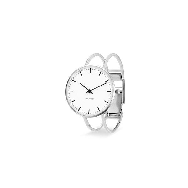 Arne Jacobsen City Hall Bangle armbåndsur i stål med hvid urskive, Ø34 mm
