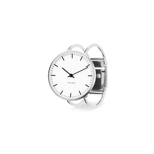 Arne Jacobsen City Hall Bangle armbåndsur i stål med hvid urskive på Ø40 mm