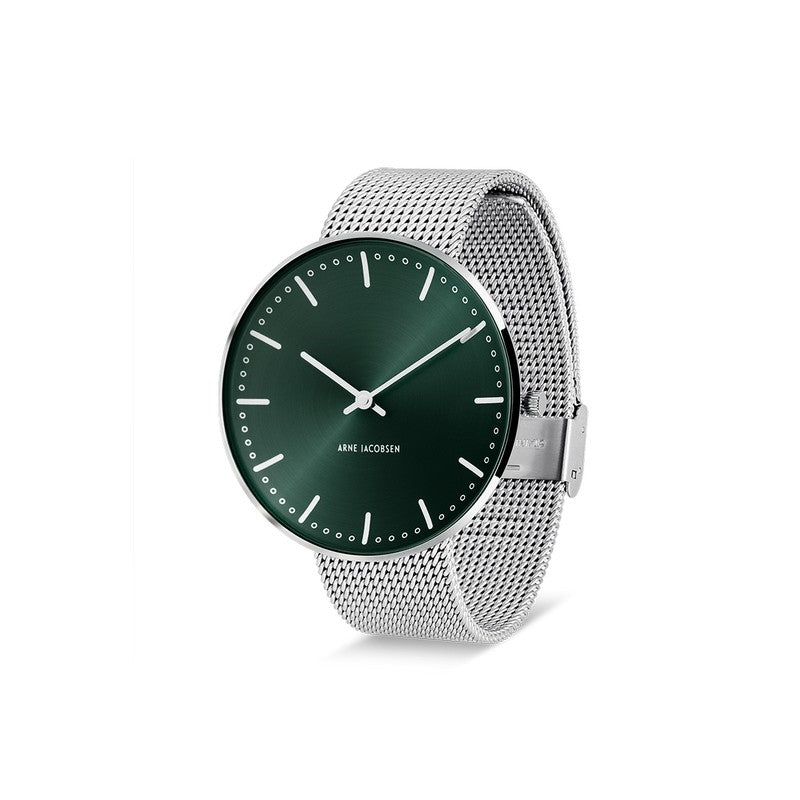 Arne Jacobsen City Hall ur med grøn urskive og mesh-lænke i rustfrit stål – ikonisk dansk design, Ø40 mm