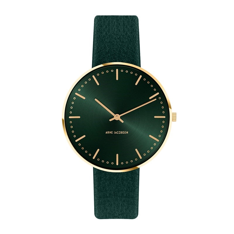 Arne Jacobsen City Hall Evergreen armbåndsur med grøn urskive og børstet gulddublé stål, Ø34 mm