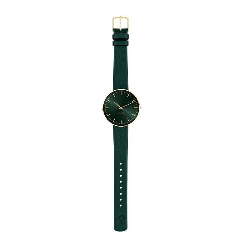 Arne Jacobsen City Hall Evergreen armbåndsur med grøn urskive og guldtonet stål, set fra oven