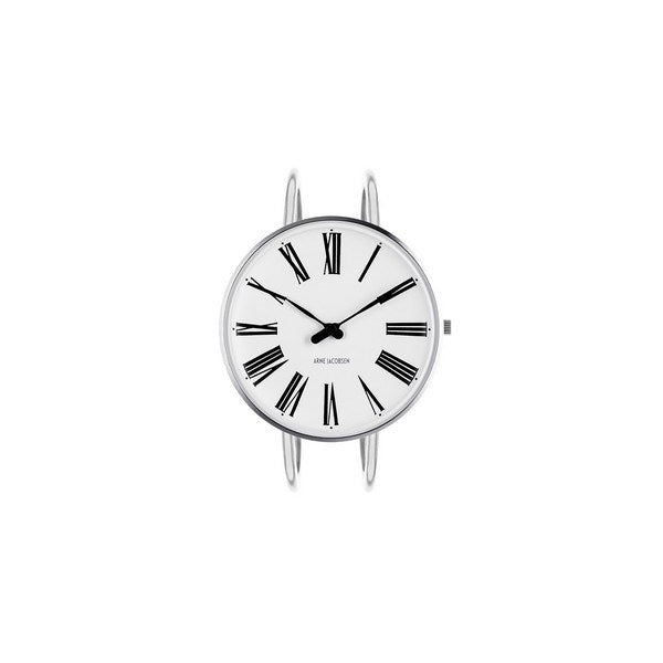Arne Jacobsen Roman Bangle-ur i stål med hvid skive og romerske tal, set fra siden