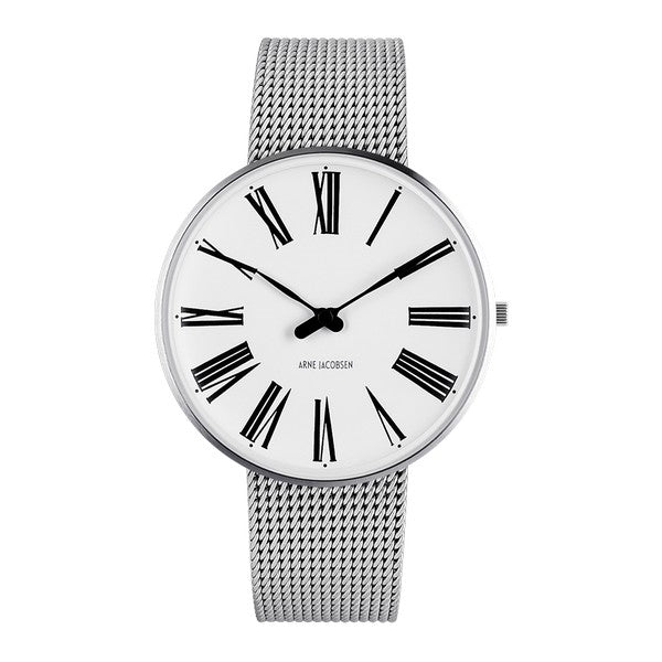 Arne Jacobsen Roman ur i stål med hvid skive og flettet meshlænke, Ø40 mm