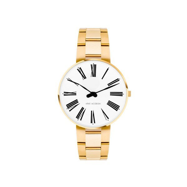 Arne Jacobsen Roman armbåndsur med hvid skive, sorte romertal og forgyldt stållænke, Ø34 mm