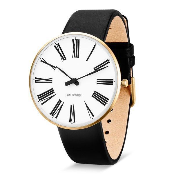Arne Jacobsen Roman armbåndsur med hvid skive, sort rem og IPG-forgyldt topring – Ø40 mm