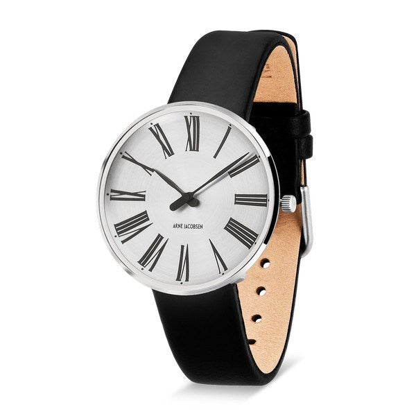 Arne Jacobsen Roman ur i rustfrit stål med sunray skive og sort læderrem, Ø34 mm – Limited Edition