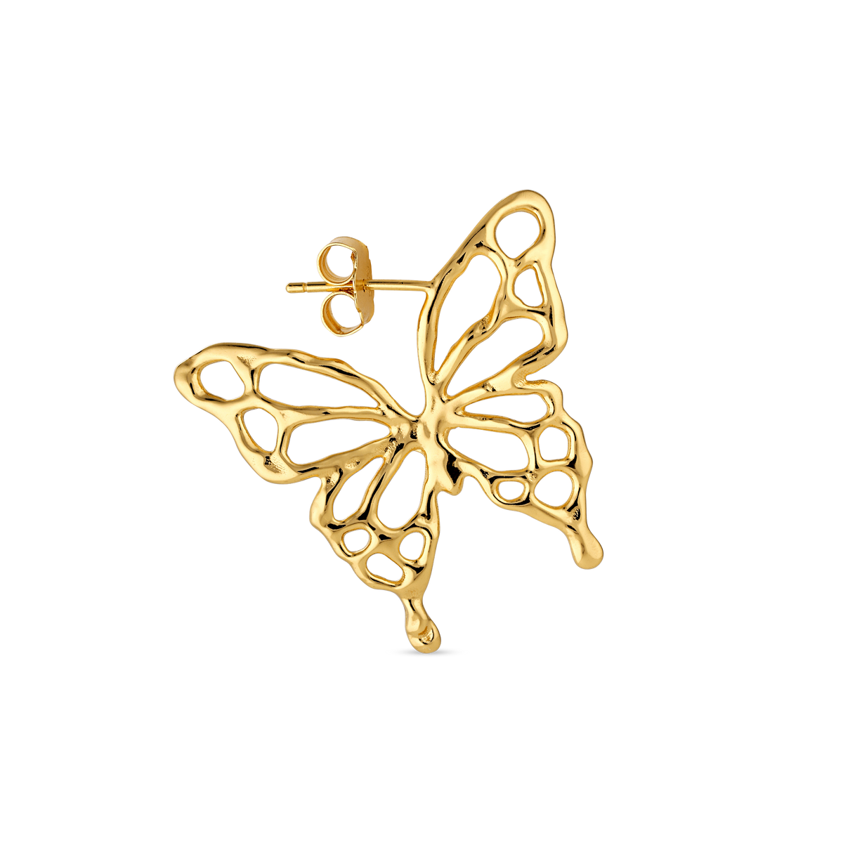 Jane Kønig Butterfly ørering i forgyldt sølv – stiliseret sommerfugleform, 28 mm bred