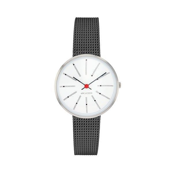 Arne Jacobsen Bankers ur i stål med hvid skive og grå meshlænke, Ø30 mm
