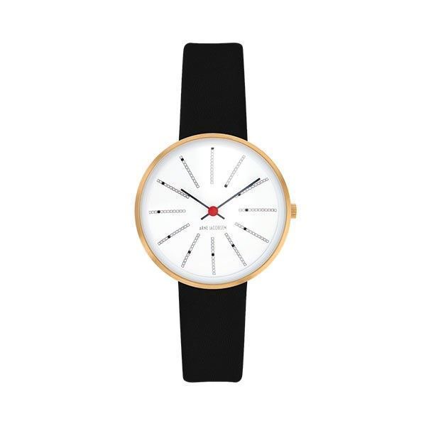 Arne Jacobsen Bankers ur med hvid skive, sort læderstrop og IPG-forgyldt stålkasse på 30 mm