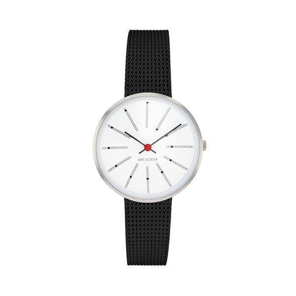 Arne Jacobsen Bankers ur med hvid skive og sort meshlænke i rustfrit stål, Ø30 mm