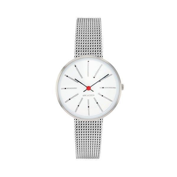 Arne Jacobsen Bankers ur med hvid skive og stål meshlænke, Ø30 mm