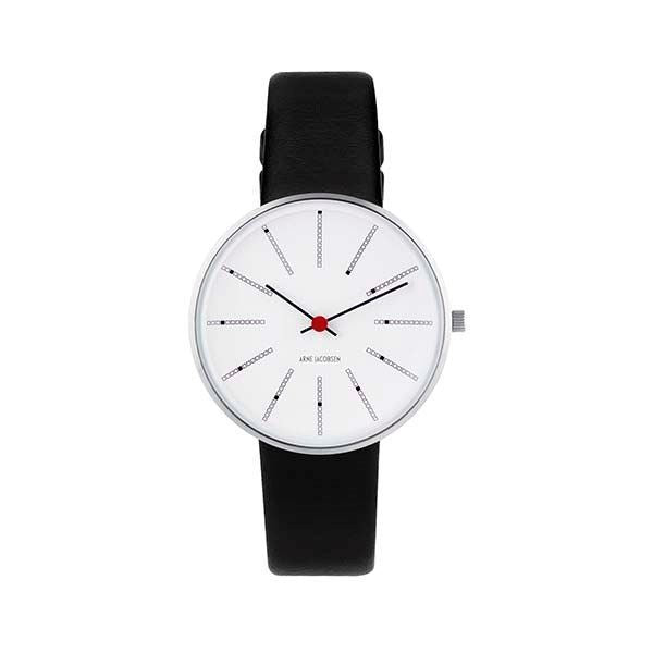 Arne Jacobsen Bankers armbåndsur i rustfrit stål med hvid konkav skive, Ø34 mm og sort kalveskindsrem