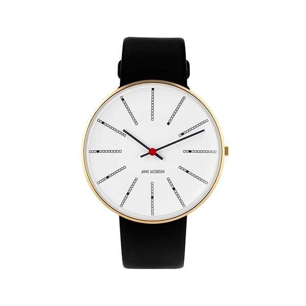 Arne Jacobsen Bankers ur, Ø40 mm, hvid skive, sort kalveskindsrem og IPG-belagt urkasse