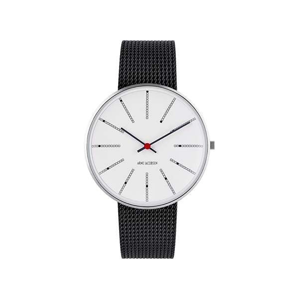 Arne Jacobsen Bankers armbåndsur i rustfrit stål med hvid skive og sort mesh lænke, 40 mm