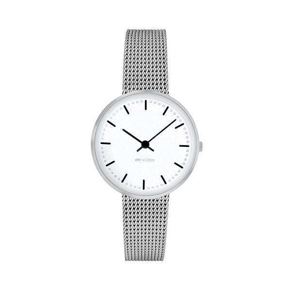 Arne Jacobsen City Hall armbåndsur med hvid skive Ø30 mm og stål meshlænke