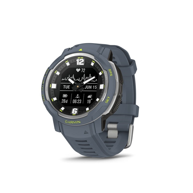 Garmin Instinct Crossover Solar herreur i Blue Granite med solcelle-display, set fra siden