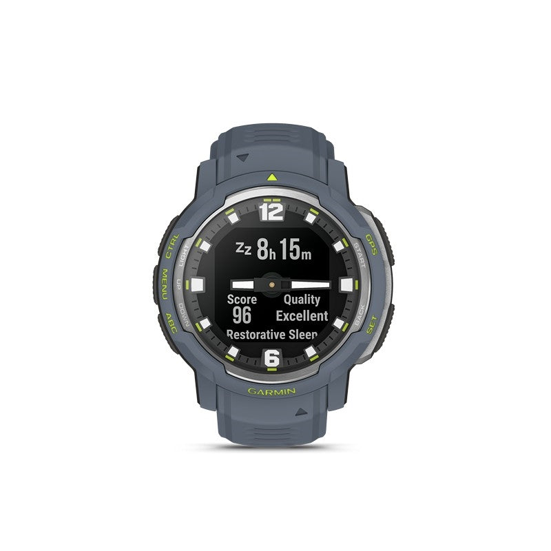 GARMIN Instinct Crossover Solar herreur i Blue Granite med solcelledrevet display og rustfrit stål, Ø 45 mm