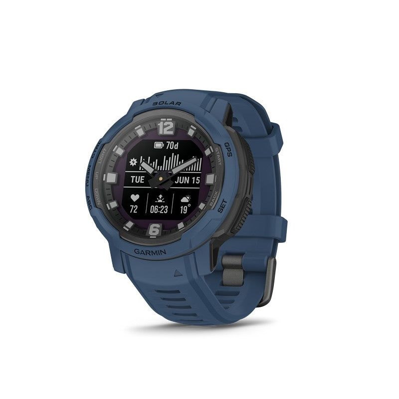 GARMIN Instinct Crossover Solar herreur i rustfrit stål og Tidal Blue – set fra siden
