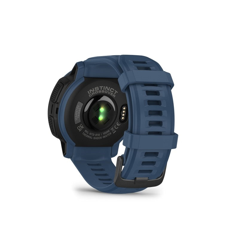 Garmin Instinct Crossover Solar Tidal Blue herreur i rustfrit stål – liggende på flade