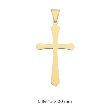BNH kors vedhæng i guld – nærbillede af detalje på 13 x 20 mm klassisk kors