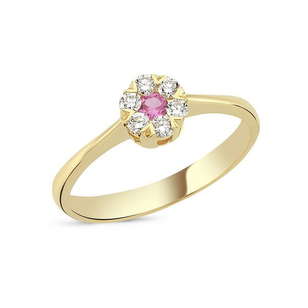 Nuran Flora diamantring i 14 karat guld med pink safir og diamanter – nærbillede af fatning