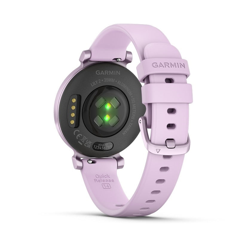 Garmin Lily 2 smartwatch i Metallic Lilac med lilla silikonerem – nærbillede