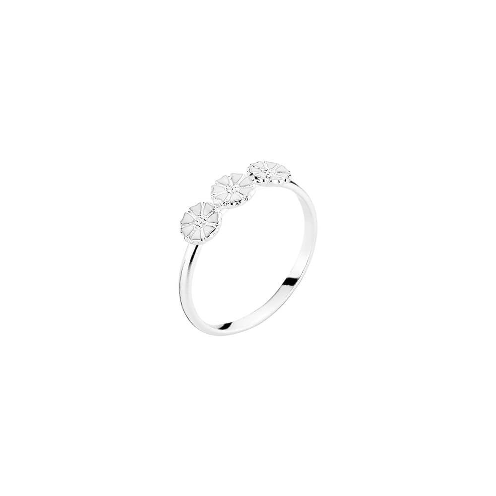 Lund Copenhagen marguerit ring i sterlingsølv med tre hvide emalje blomster