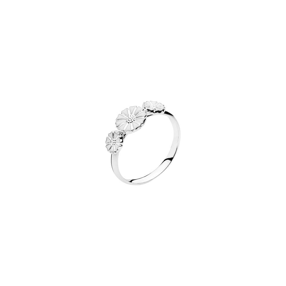 Lund Copenhagen marguerit ring i sterlingsølv med tre hvide emalje blomster
