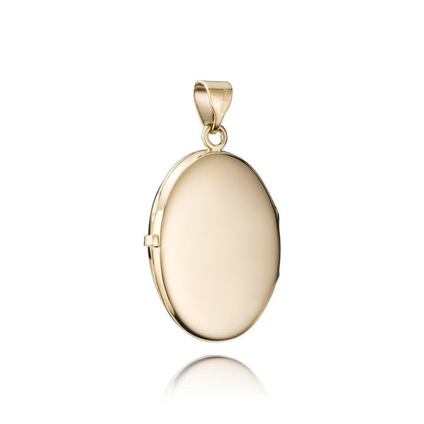 BNH oval medaljon i guld med blomstermønster, 22x30 mm – set fra siden