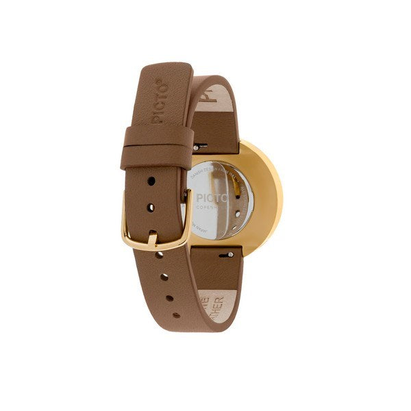 Picto ur med brun skive og cedar brown læderrem i gulddublé – 34 mm, liggende på flade