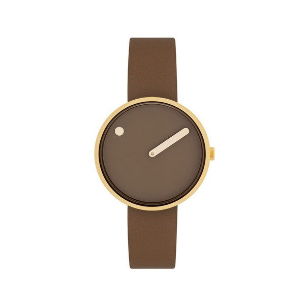 Picto ur med brun skive, cedar brown læderrem og gulddublé detaljer – 34 mm unisex design