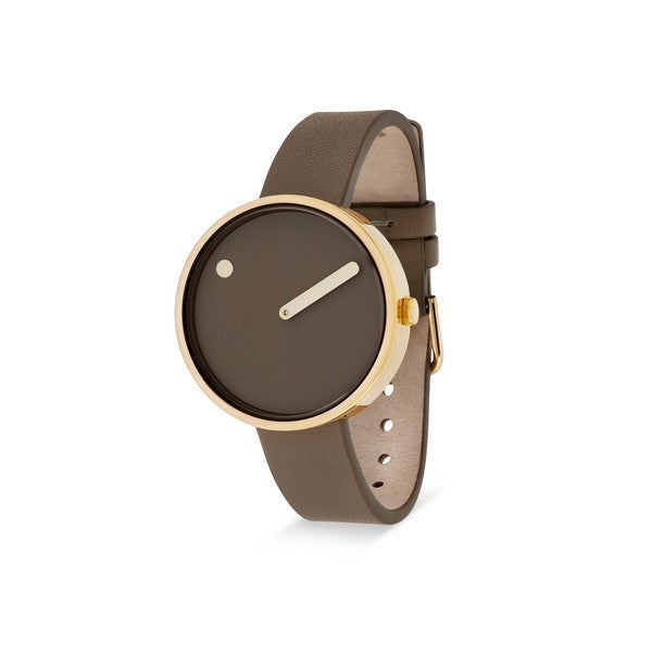 Picto ur med brun skive og cedar brown læderrem i gulddublé, 34 mm – set fra siden