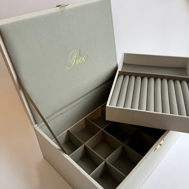 Pico Copenhagen Giant smykkeskrin i tekstil, Ash Grey – nærbillede af detalje